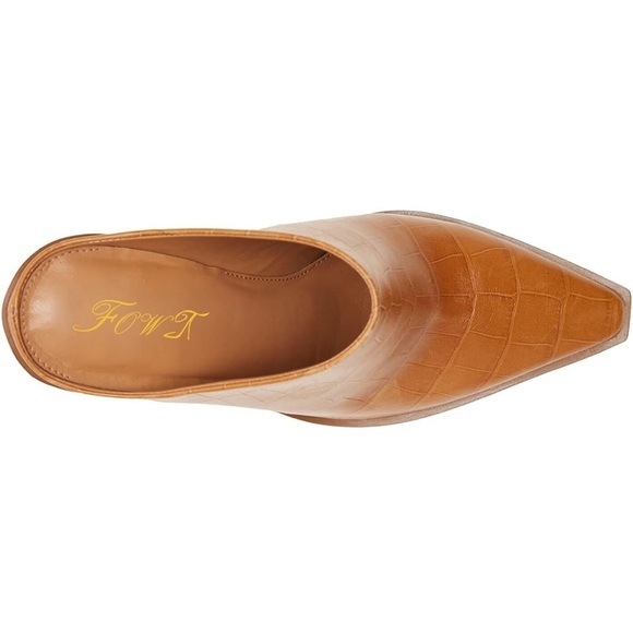 FOWT Crocodile Embossed Mules Chunky Stacked Heel Pointed Toe brown size 7 - Picture 2 of 16